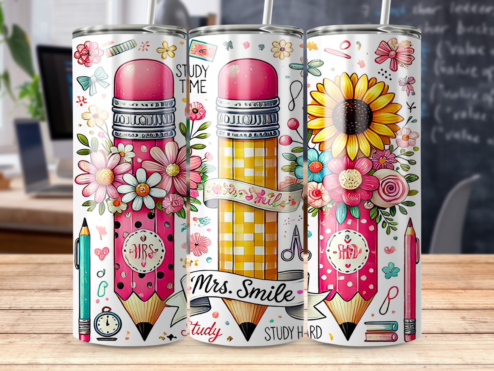 Pencils with flowers and "Mrs. Smile" and "STUDY TIME" text.
