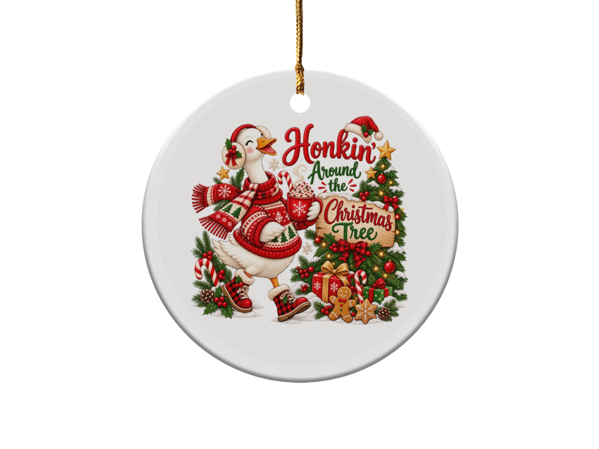 Goose in holiday sweater and hat with "Honkin Around the Christmas Tree" text and festive decorations.