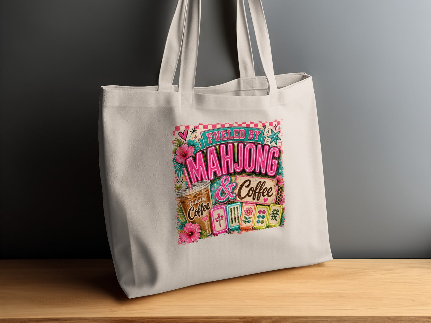 Tote bag with "Fueled by Mahjong & Coffee" and Mahjong tiles graphic.