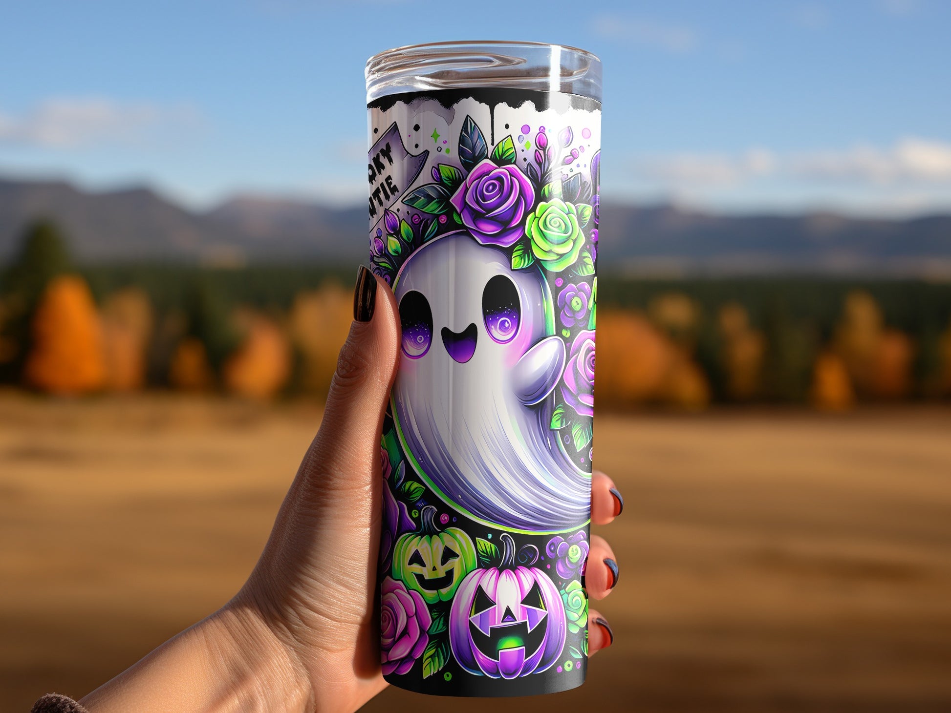 Tumbler with a cute ghost, pumpkins, and roses, featuring "Spooky Cutie" text.