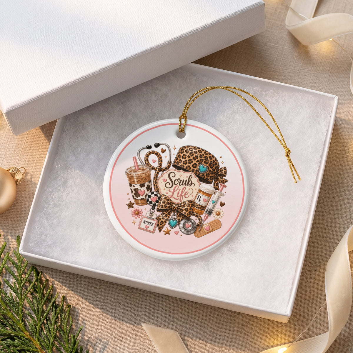 Round ornament with nurse-themed icons and "Scrub Life" text in a gift box.
