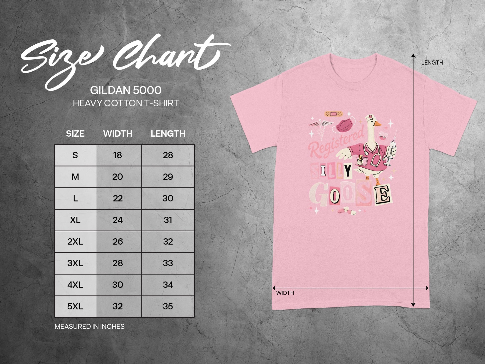 Gildan 5000 Heavy Cotton T-shirt size chart with measurements.