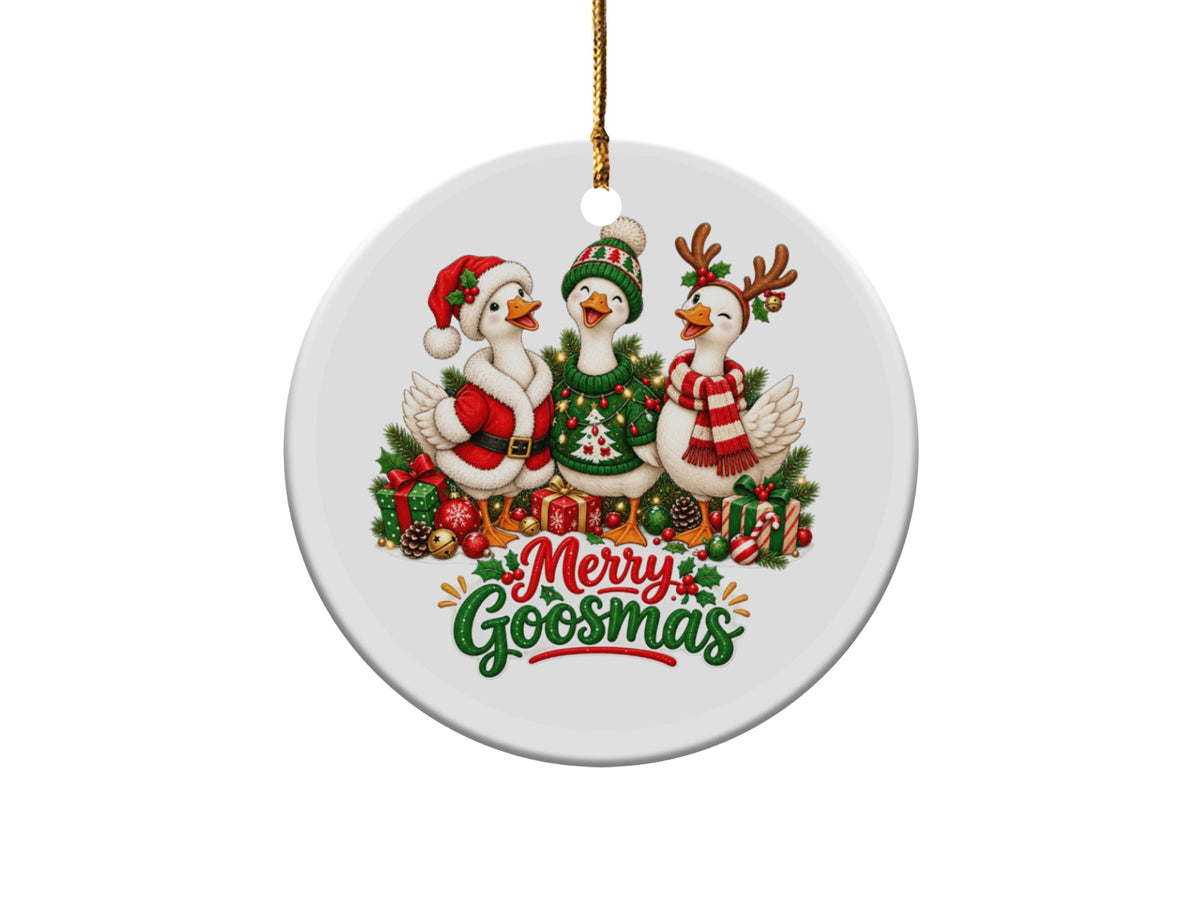 Three cartoon geese in Christmas attire surround gifts and pine with "Merry Goosmas" text.