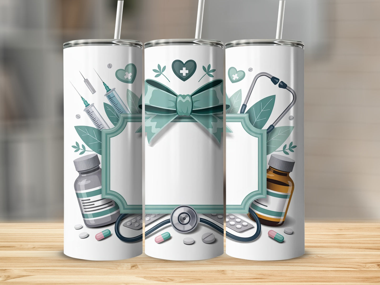 Three tumblers featuring medical symbols and a central blank frame.