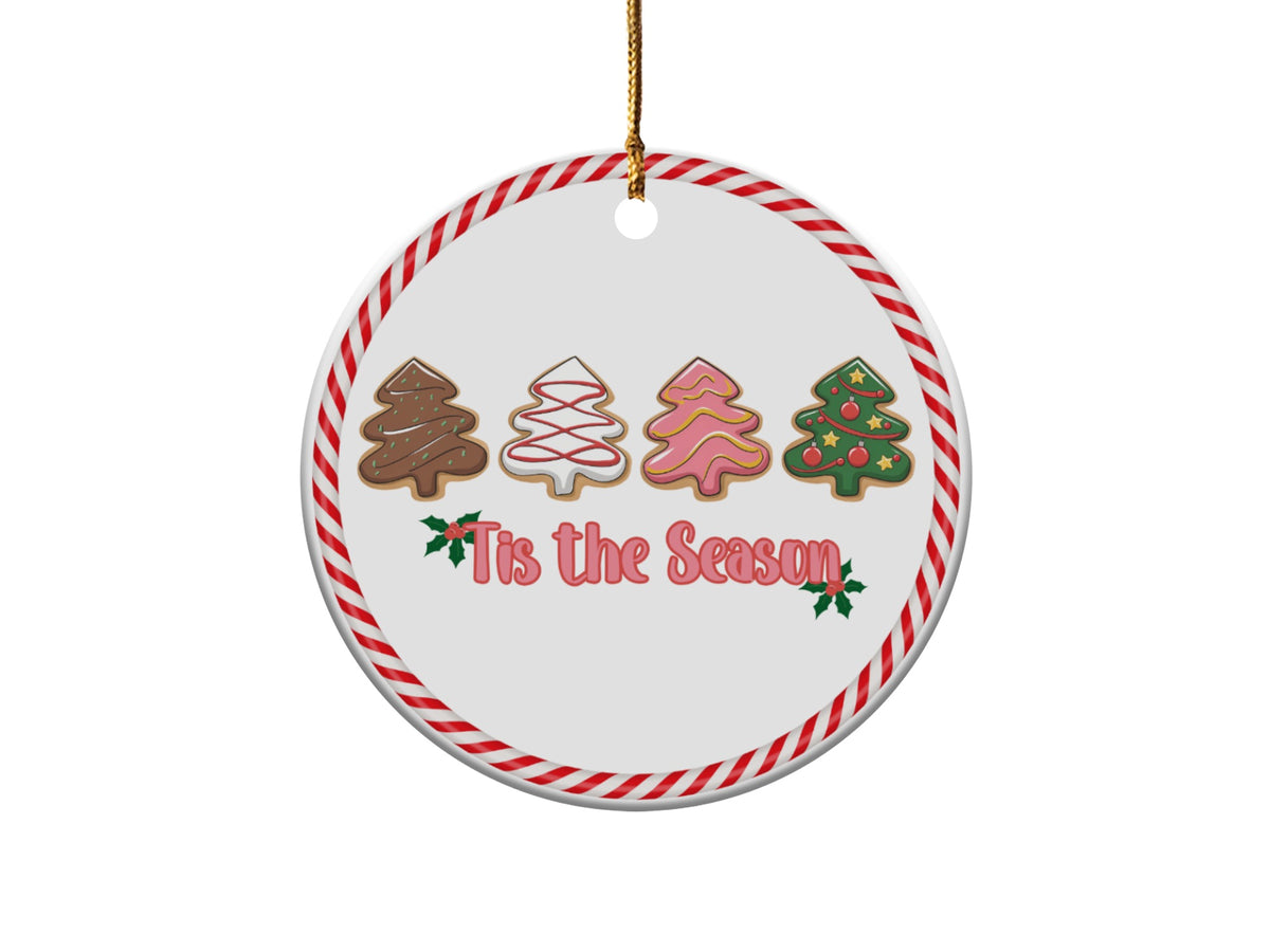 Round ornament with four decorated Christmas tree cookies and "Tis the Season" text.