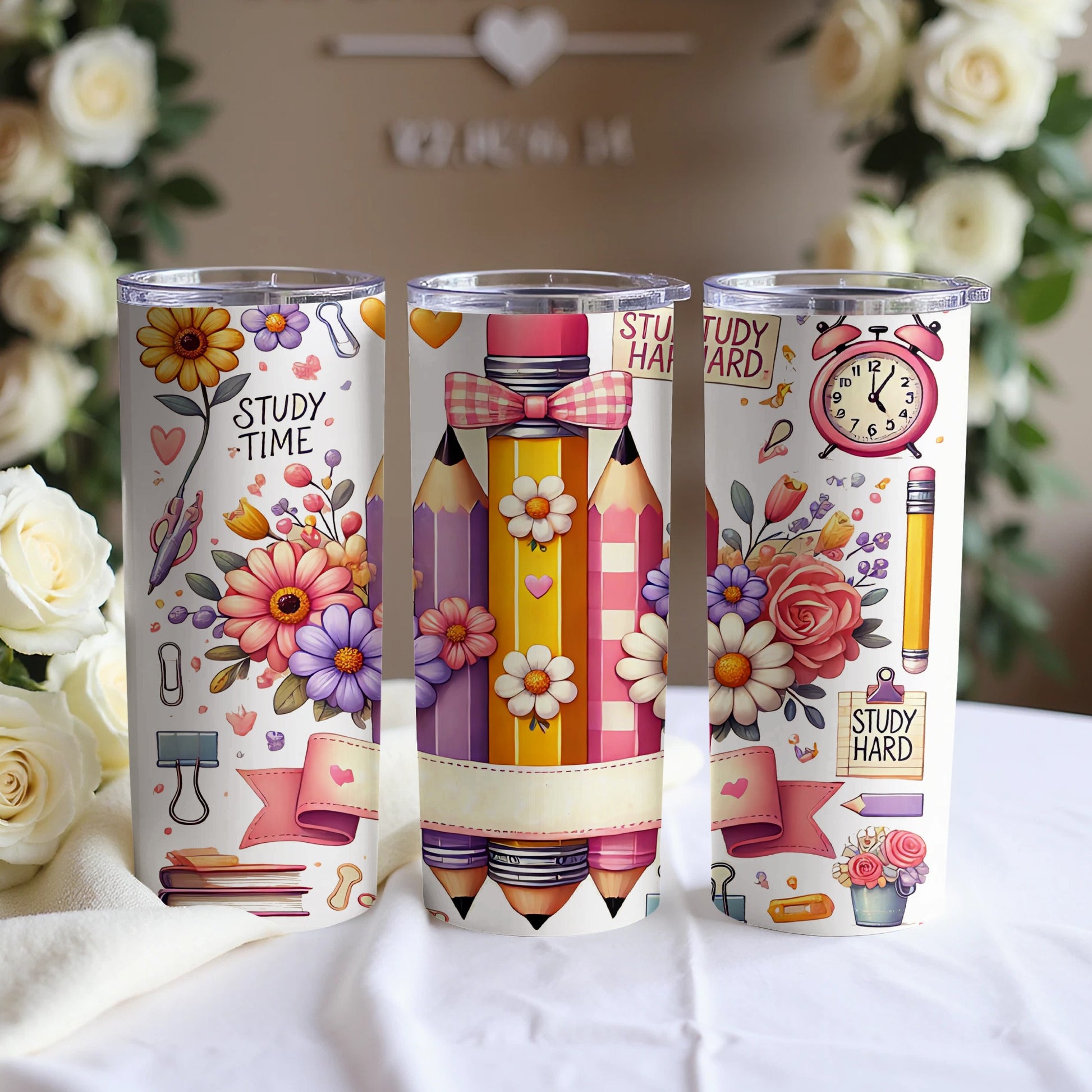 Three tumblers decorated with pencils, flowers, and "Study Time" and "Study Hard" text.