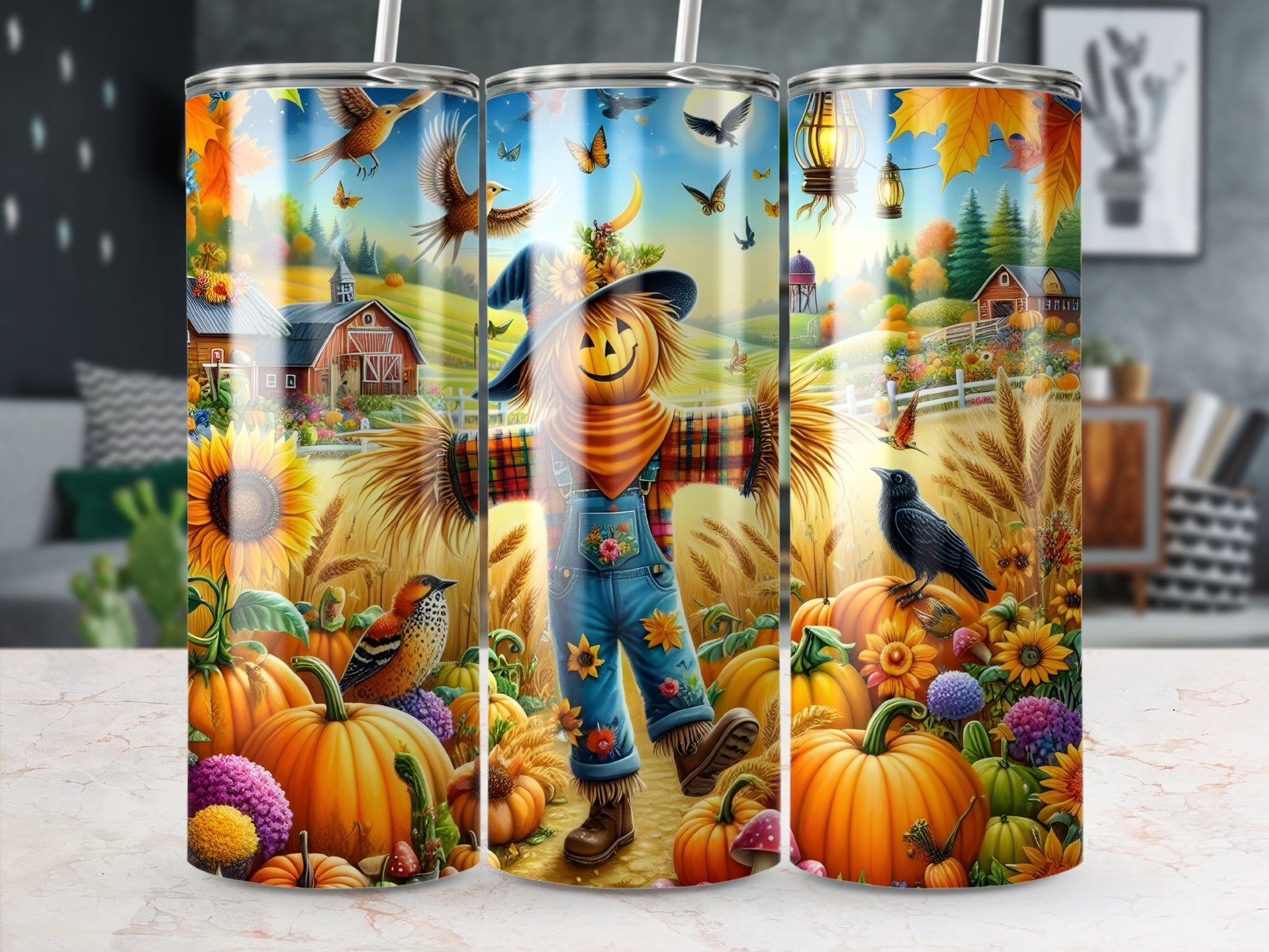 Scarecrow with pumpkins, sunflowers, and autumn farm scene on tumblers.