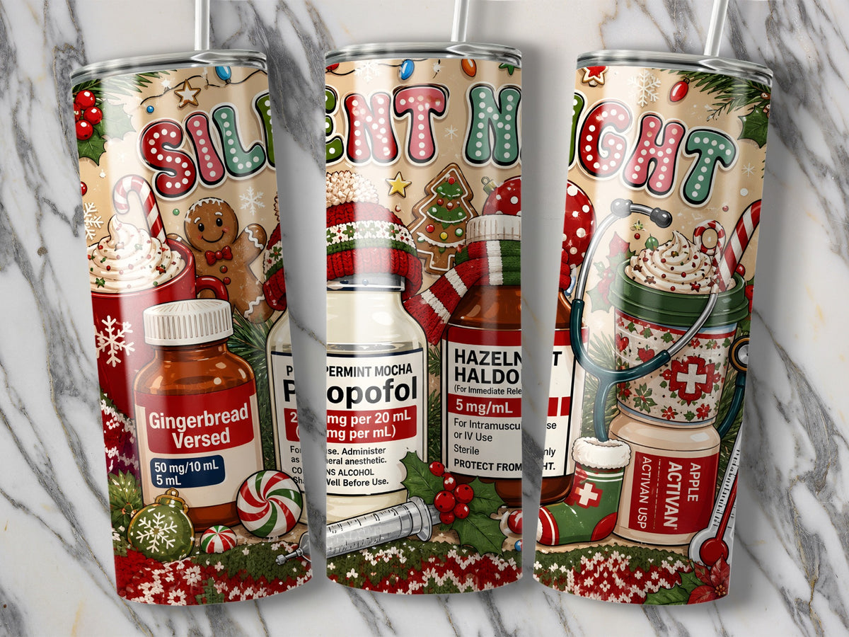 Three matching stainless steel tumblers feature a Christmas medical design with medication bottles, stethoscopes, and festive holiday elements.