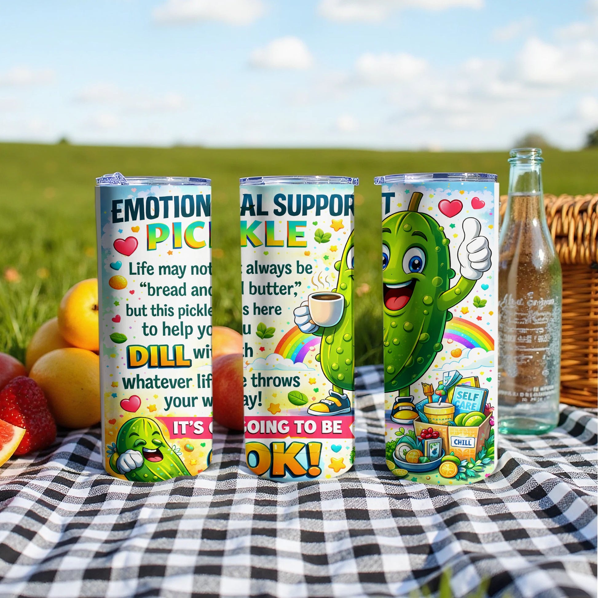 Tumbler with cartoon pickle and text about emotional support.