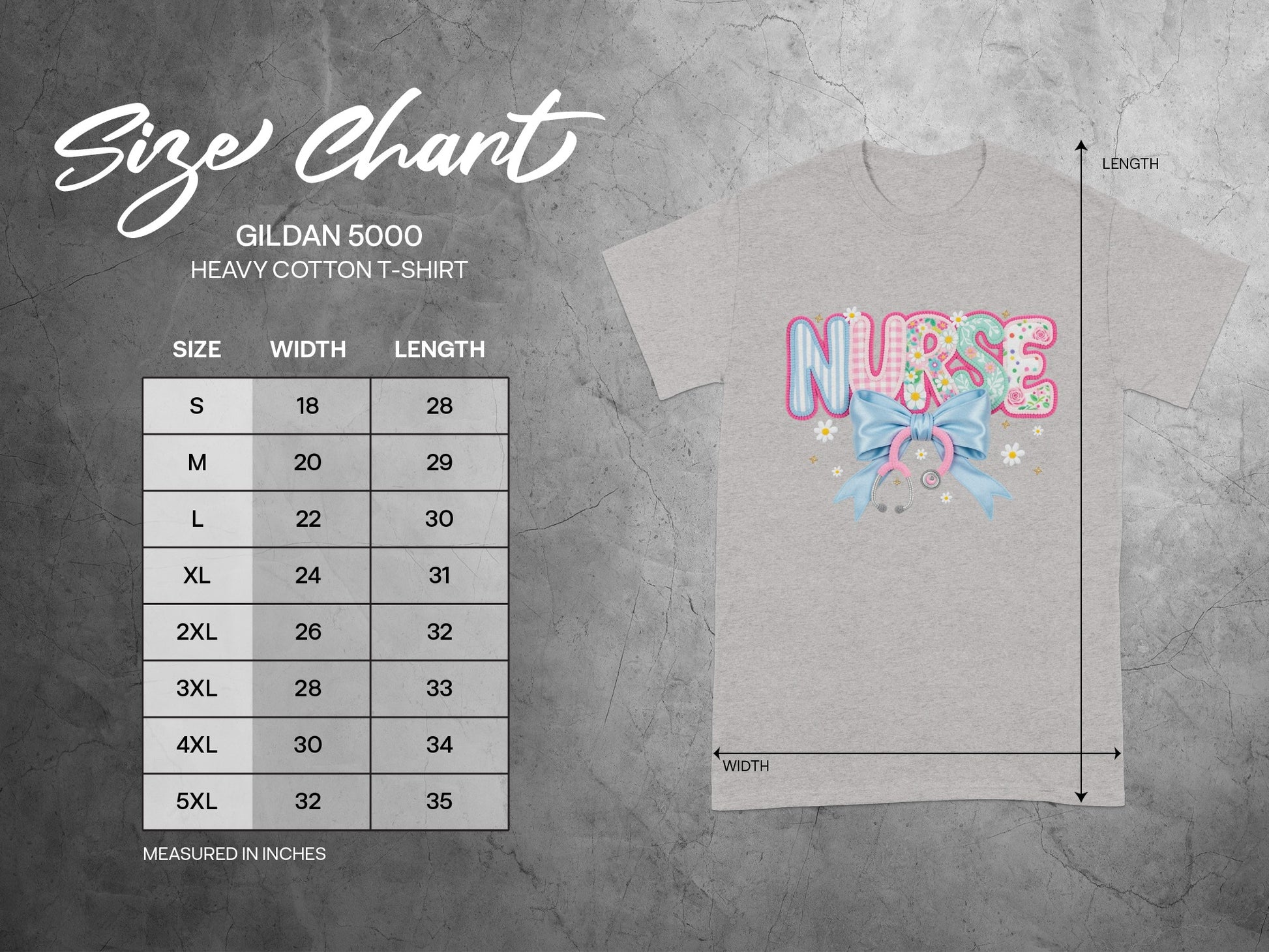 Gildan 5000 size chart with S-5XL t-shirt measurements and "Nurse" graphic.