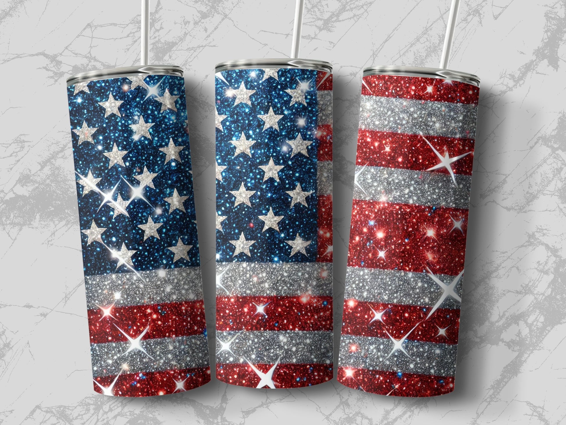 Three tumblers with glittery American flag design.