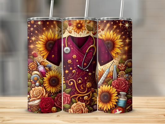 Maroon scrub top with sunflowers, roses, stethoscope, and medical icons.