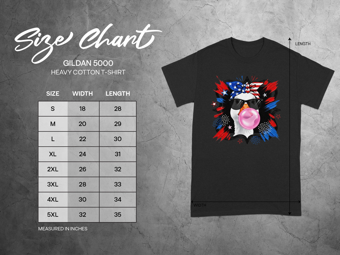 Gildan 5000 Heavy Cotton T-shirt size chart with width and length measurements.