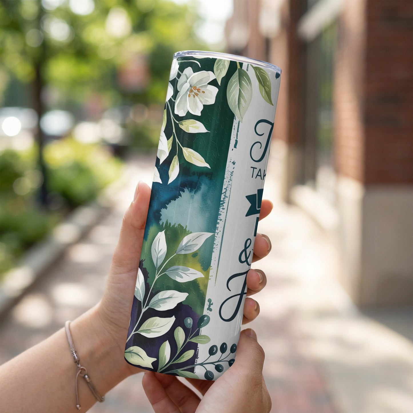 Tumbler with floral and watercolor design, "Take time & enjoy" text.