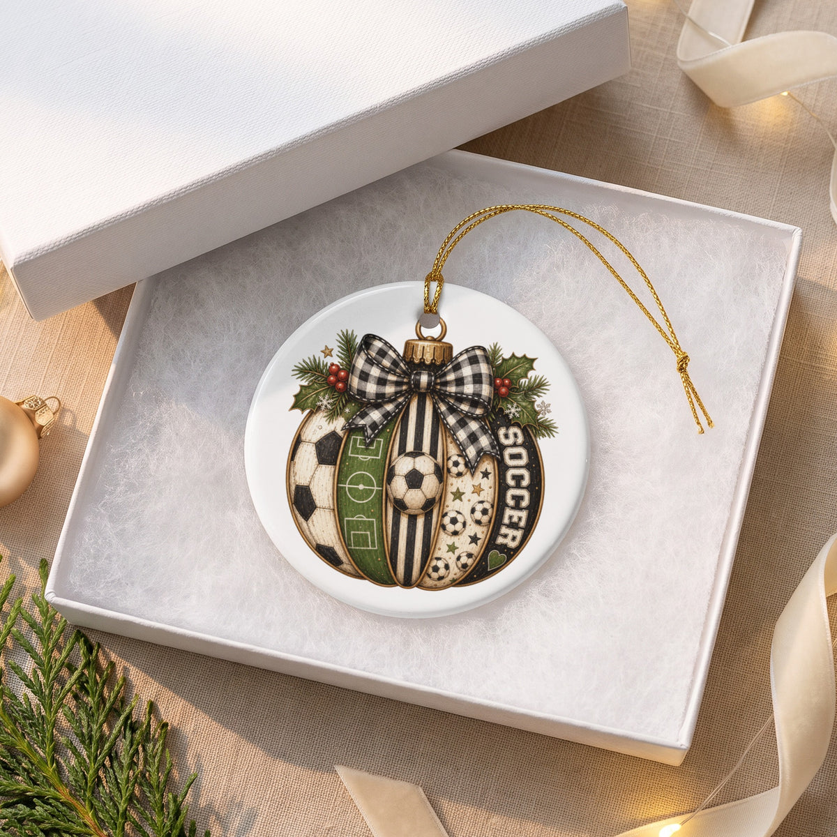 Round ornament with soccer theme, featuring soccer balls, field, and text "SOCCER".