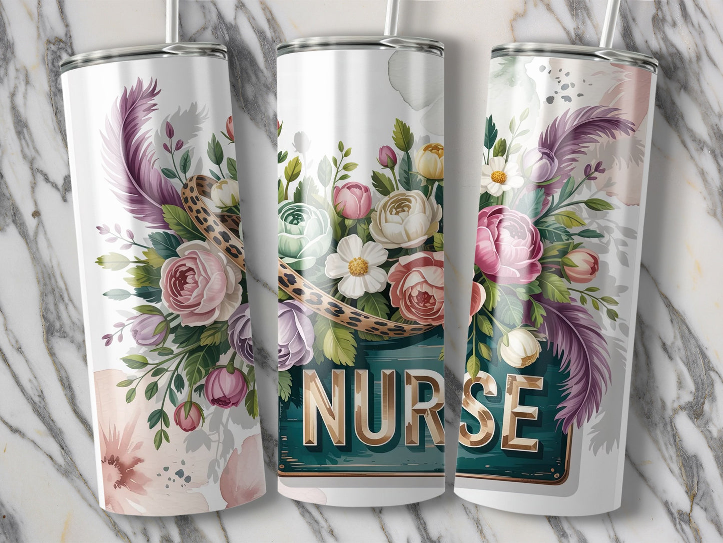 Three tumblers decorated with floral designs and the word "NURSE".