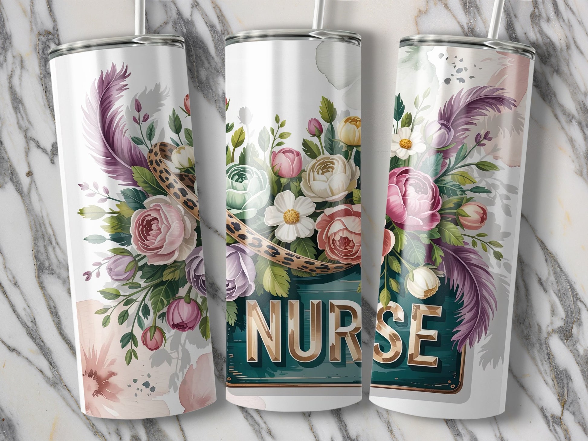 Three tumblers decorated with floral designs and the word "NURSE".