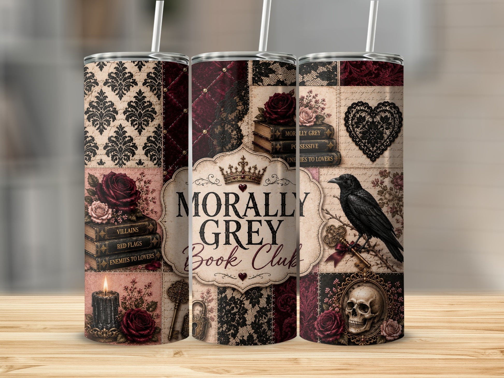 Tumblers with a "Morally Grey Book Club" design featuring roses, books, a crow, and a skull.