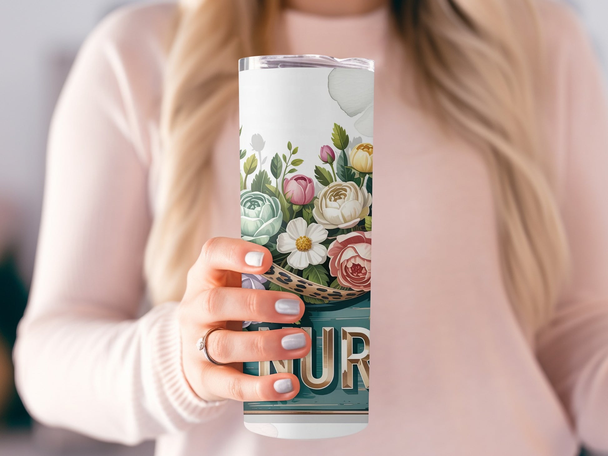 Floral nurse tumbler with leopard print accent and "Nurse" text.