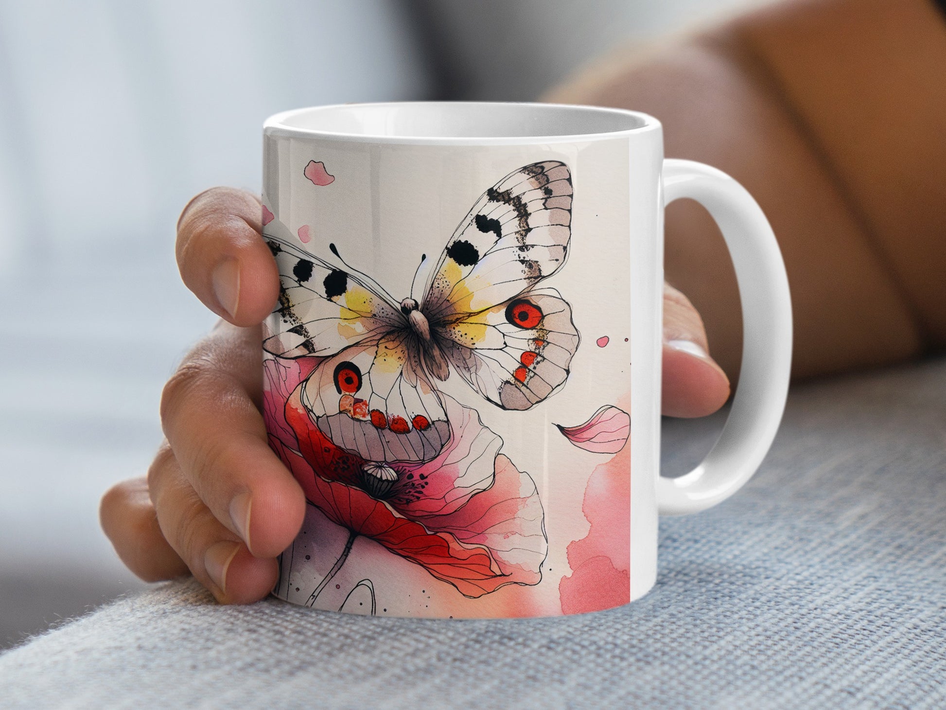 Watercolor butterfly poppy flower design white coffee mug product type