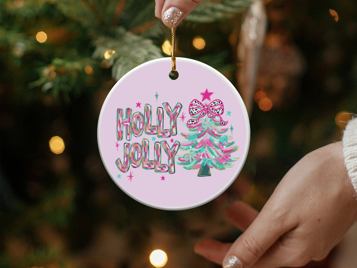 Round ornament with "HOLLY JOLLY" text and a decorated Christmas tree.