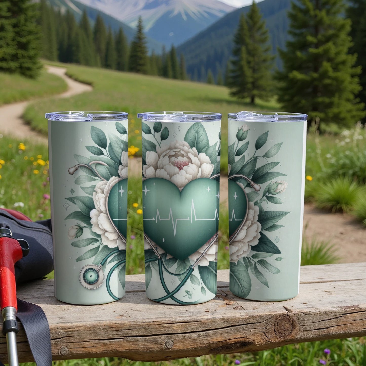 Three tumblers with a green heart and stethoscope design on a wooden surface.