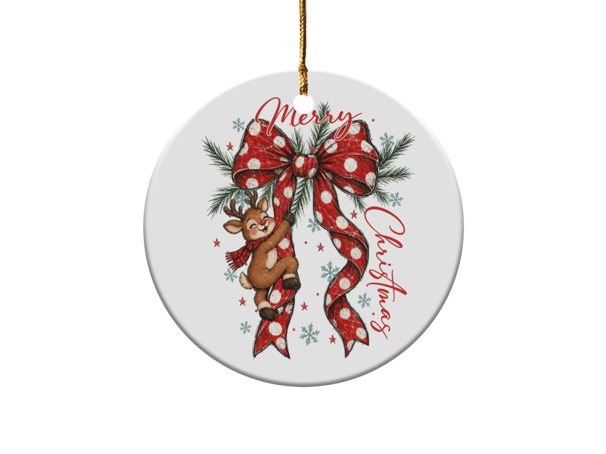 Reindeer ornament with red polka dot bow and "Merry Christmas" text.