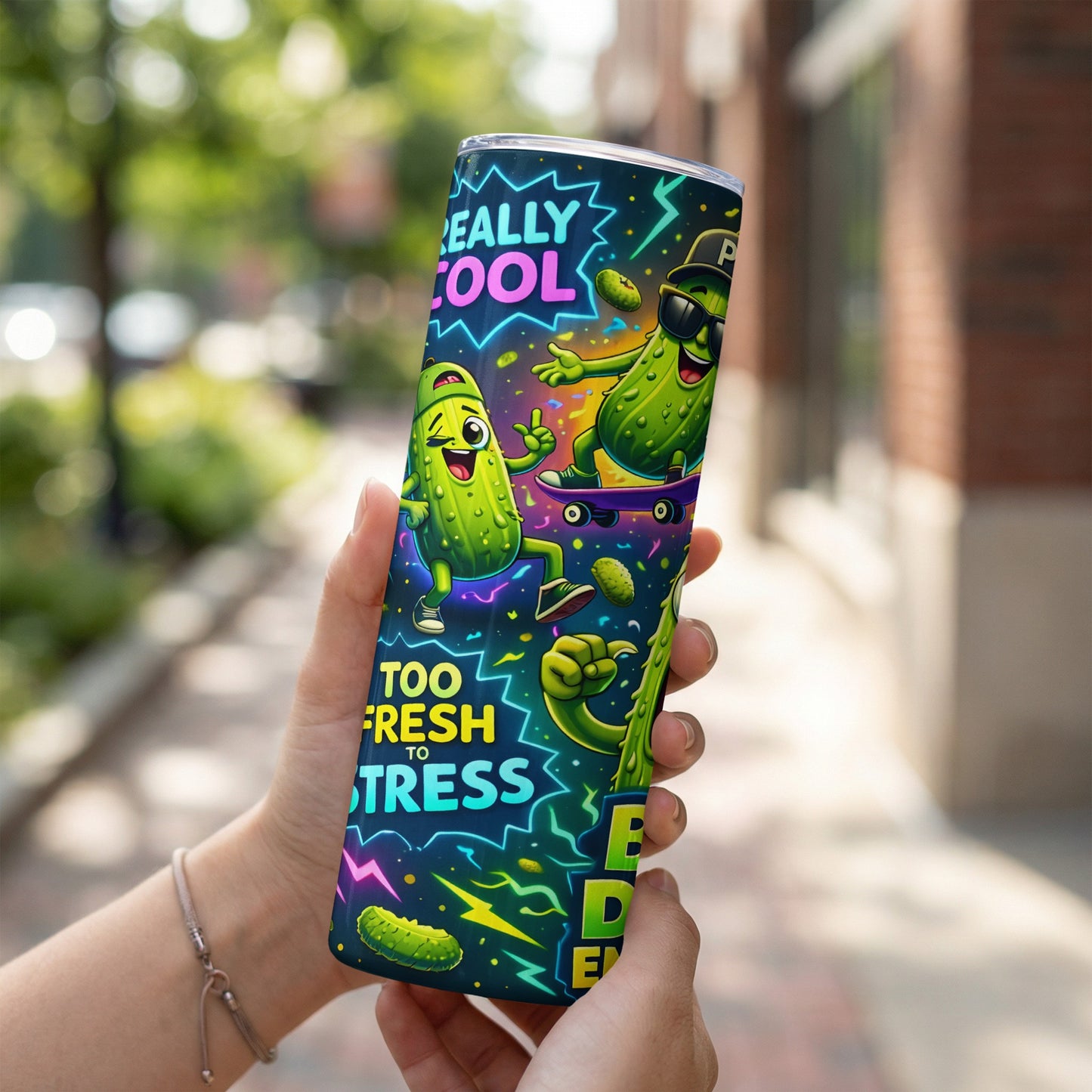 Two cartoon pickles with sunglasses on a skateboard, text reads "Really Cool Too Fresh to Stress".