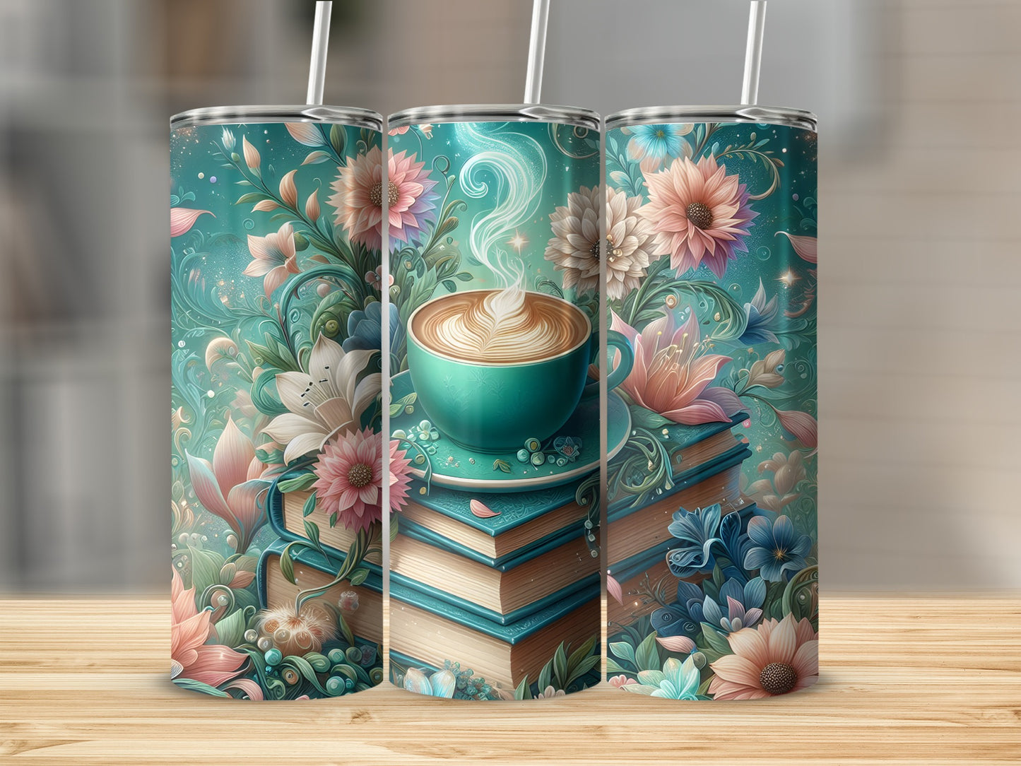 Three tumblers with floral designs and stacked books with a coffee cup.
