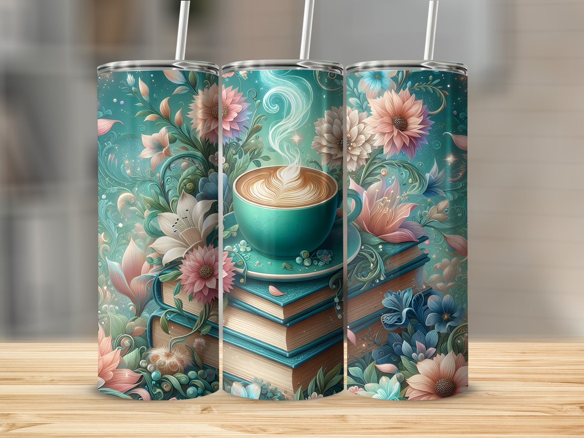 Three tumblers with floral designs and stacked books with a coffee cup.