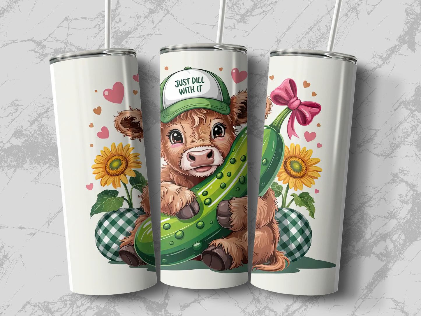 Cow wearing a "Just Dill With It" hat holding a pickle.