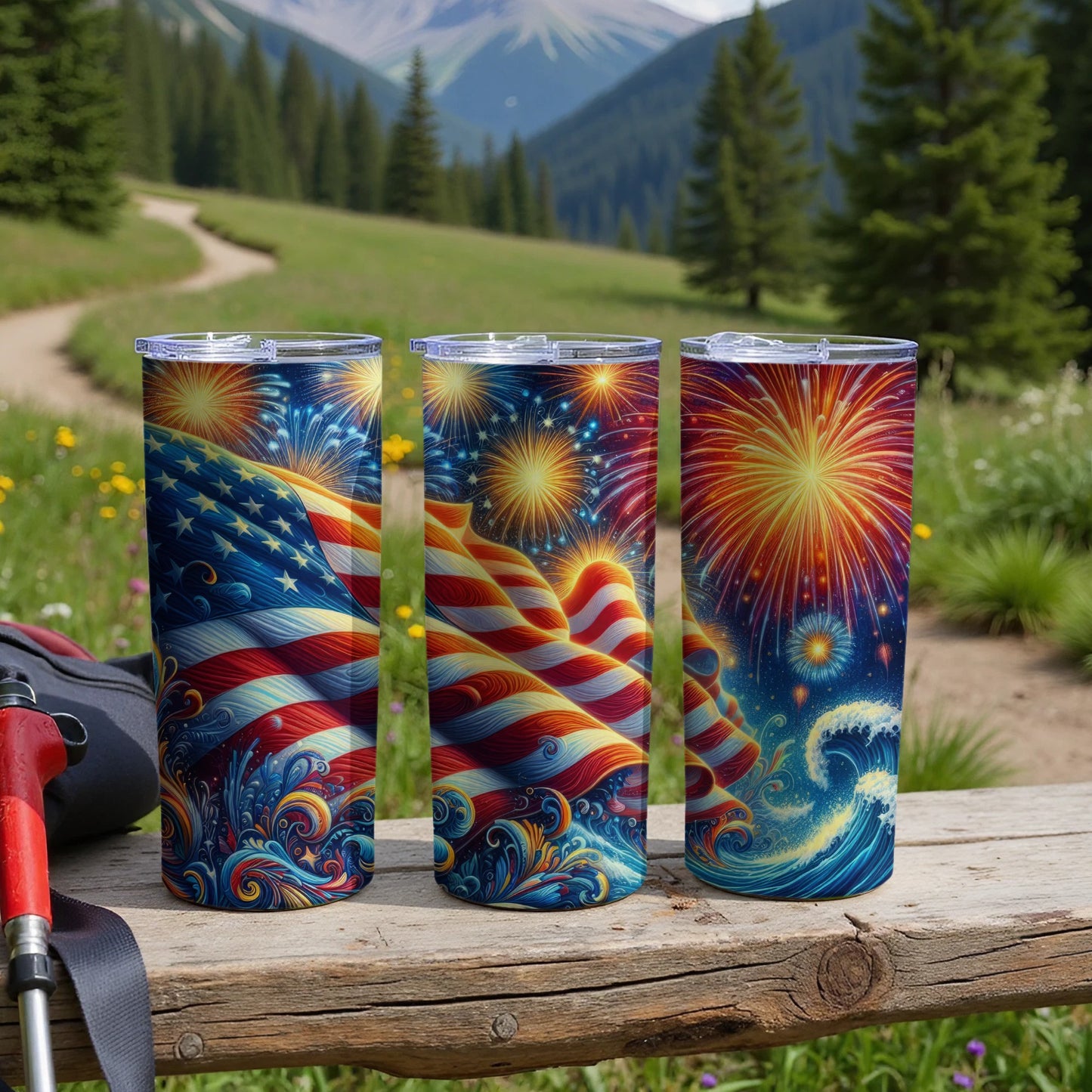Three patriotic tumblers with fireworks and American flag designs on a wooden surface.