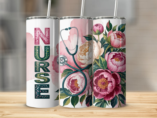 Three nurse tumblers with floral and stethoscope designs.