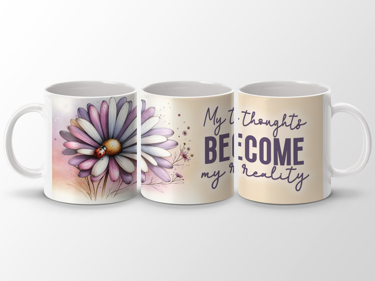 Purple Daisy Ladybug My Thoughts BECOME My Reality product type
Mug, Coffee Mug, Tea Mug, Inspirational, Motivational, Affirmation, Positive Thoughts, My Reality, Ladybug Design, Daisy Flower, Purple Daisy, Watercolor Art, Floral Mug, Nature Inspired, Gift For Her, Home Decor, Kitchen Accessory, Positive Quote, Self Care Gift, Mindset Mug