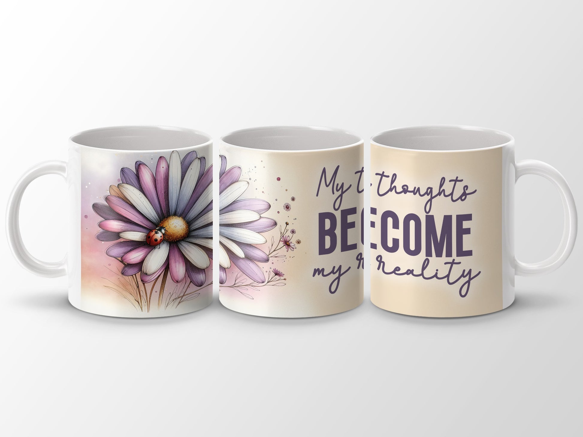 Purple Daisy Ladybug My Thoughts BECOME My Reality product type
Mug, Coffee Mug, Tea Mug, Inspirational, Motivational, Affirmation, Positive Thoughts, My Reality, Ladybug Design, Daisy Flower, Purple Daisy, Watercolor Art, Floral Mug, Nature Inspired, Gift For Her, Home Decor, Kitchen Accessory, Positive Quote, Self Care Gift, Mindset Mug