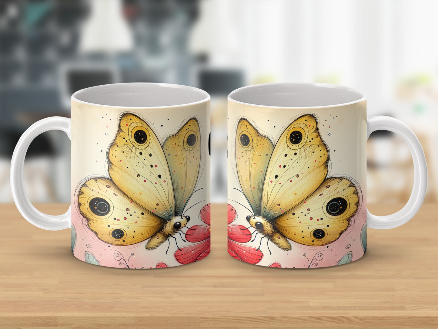 Yellow Butterfly Pink Flower Whimsical Design Mug product type