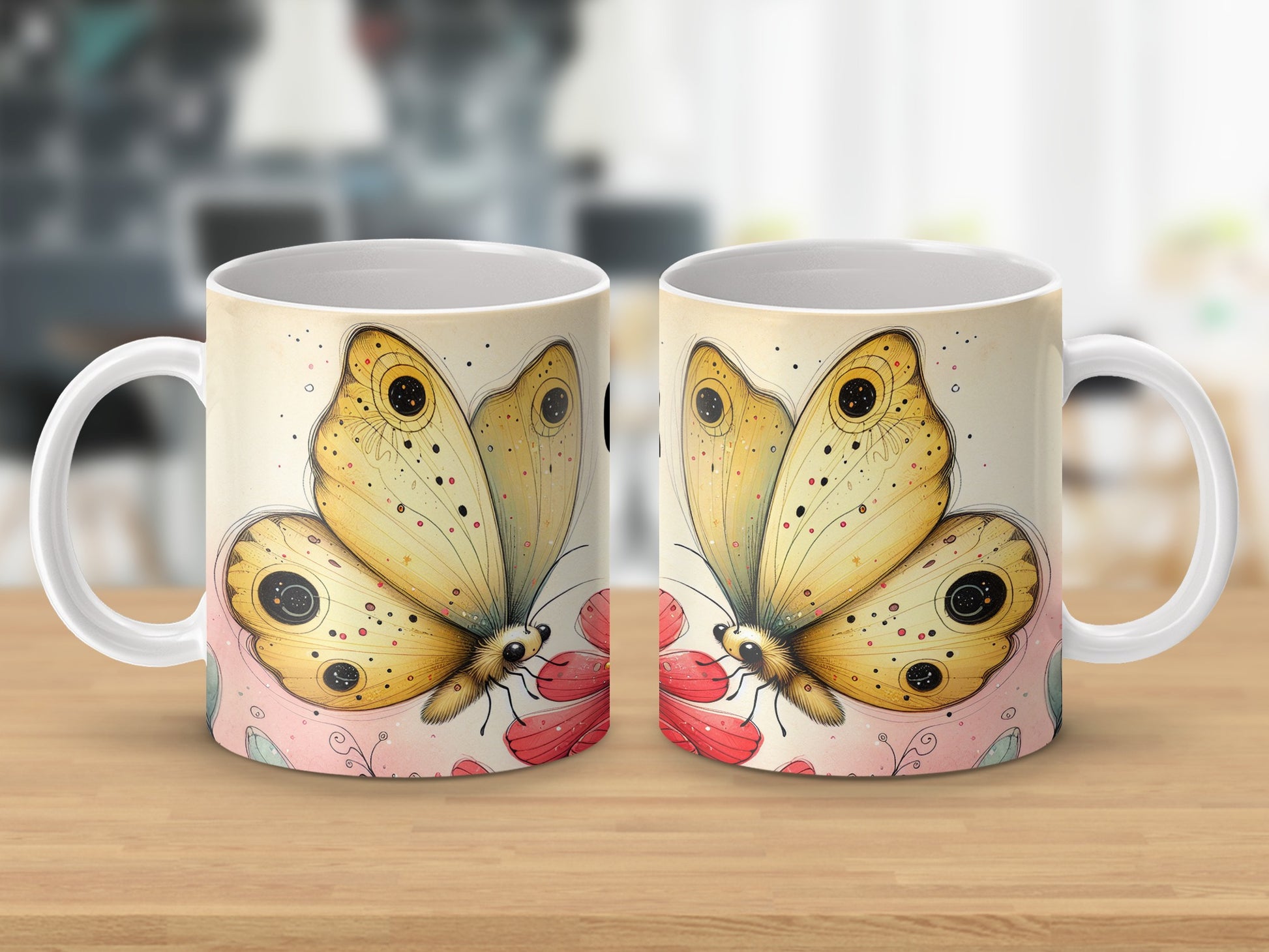 Yellow Butterfly Pink Flower Whimsical Design Mug product type