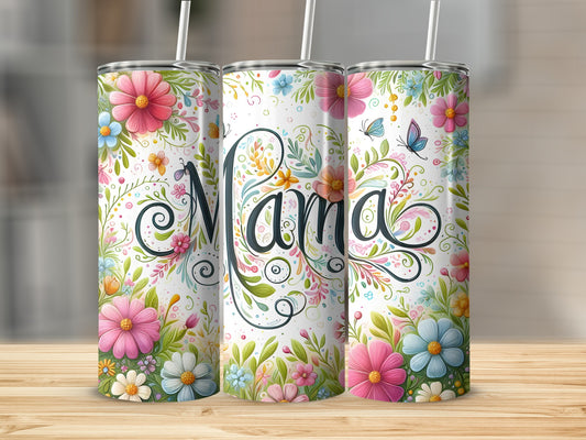 Three floral tumblers with "Mama" script, on a wooden surface.