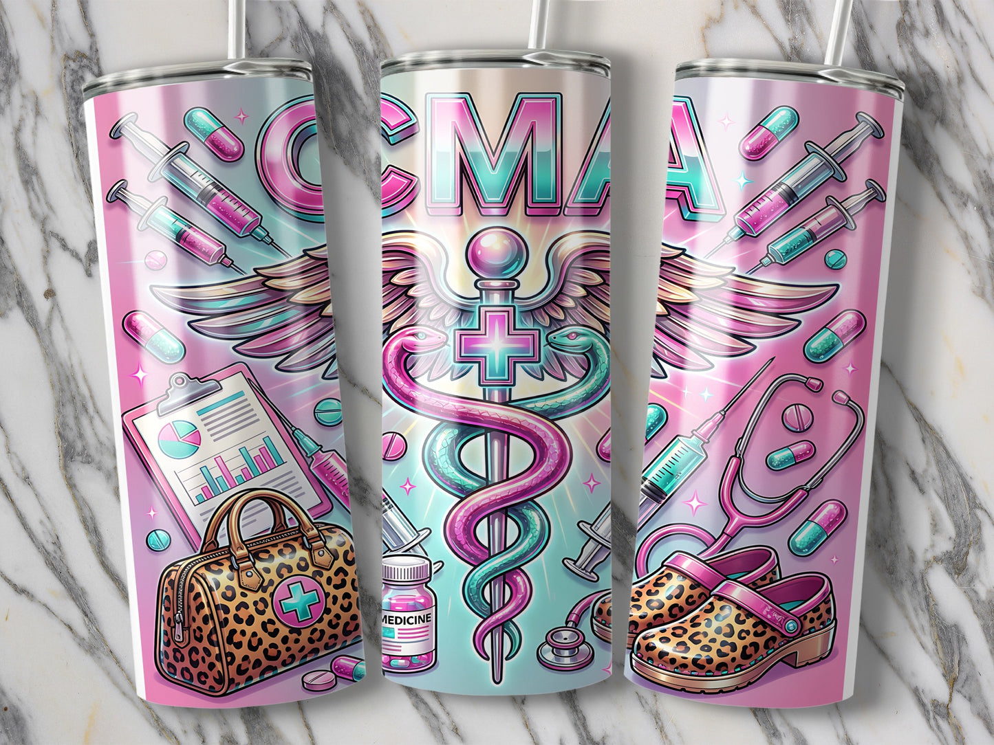 Medical-themed tumbler with CMA logo, stethoscope, syringes, pills, and leopard print accessories.