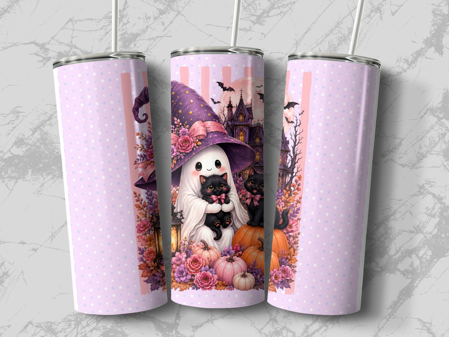 Halloween ghost in witch hat holds black cat, surrounded by pumpkins and flowers.