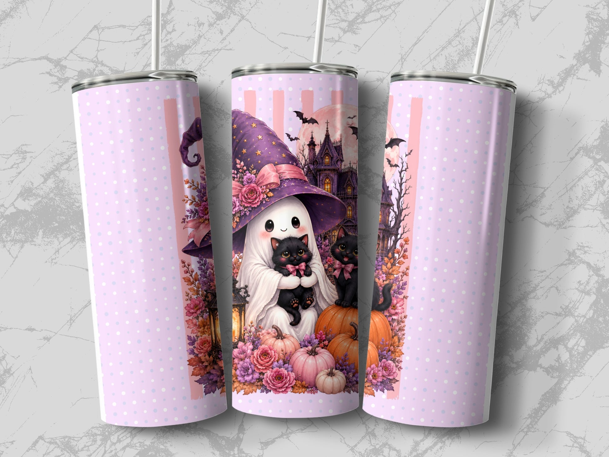 Halloween ghost in witch hat holds black cat, surrounded by pumpkins and flowers.