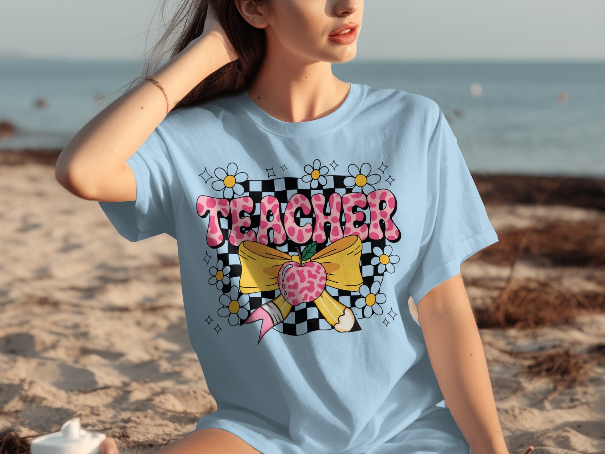 Colorful Teacher Graphic with Bow and Flowers T-Shirt