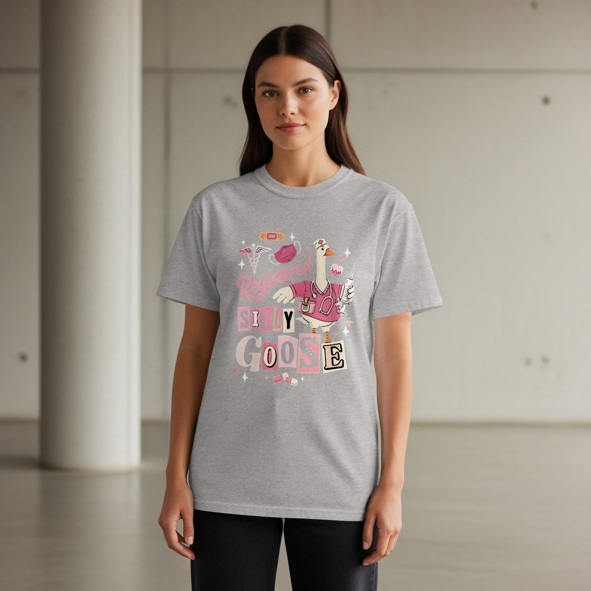Grey t-shirt with "Registered Silly Goose" text and nursing cartoon.