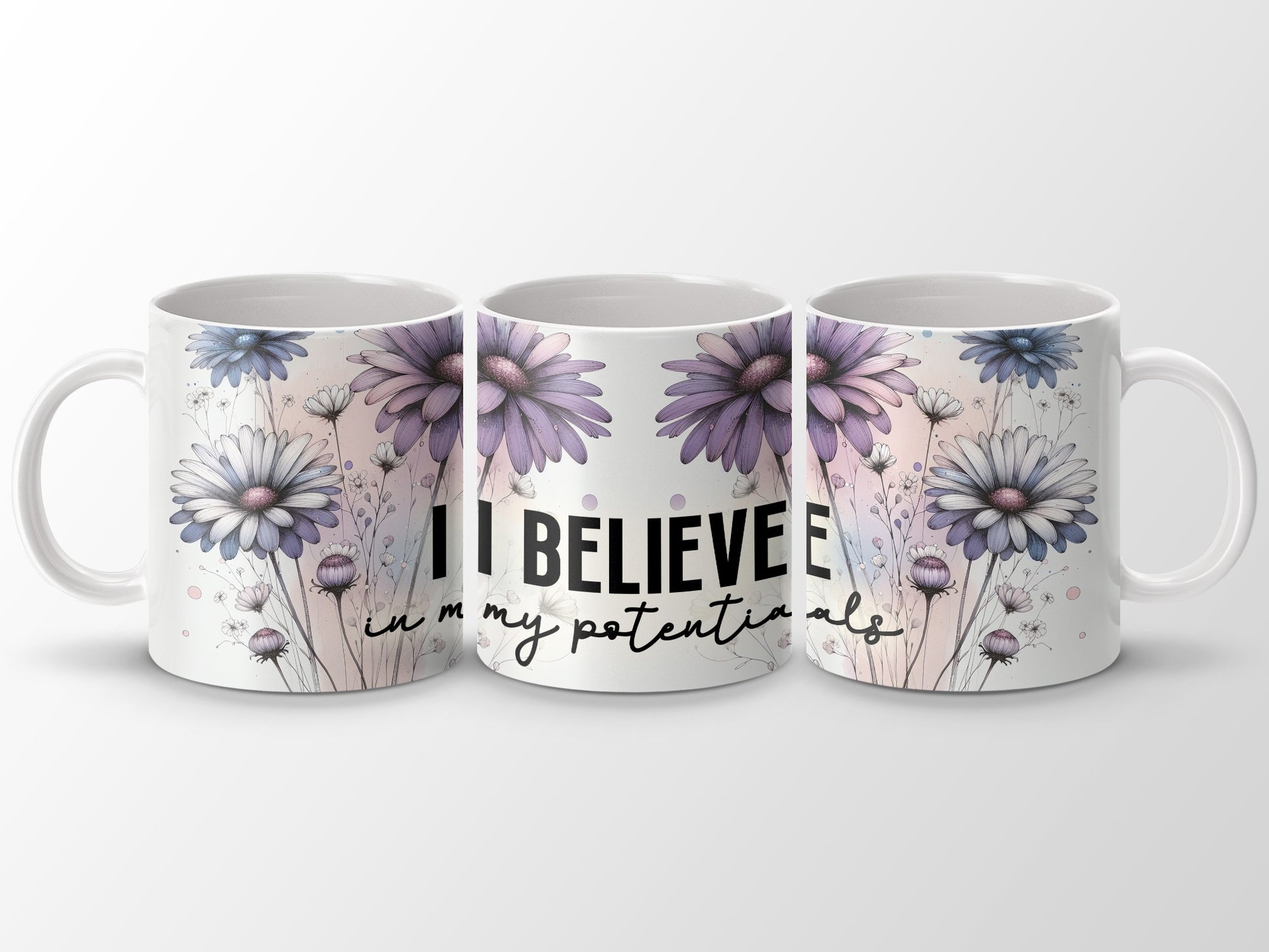 I BELIEVE in my potentials Purple Blue Flower Mug product type
Mug, Coffee Mug, Floral Design, Inspirational Mug, Motivational Gift, Believe Potentials, Positive Affirmation, Purple Flowers, Blue Daisies, Quote Mug, Drinkware, Home Decor, Gift Idea, Unique Mug, Artistic Print, Watercolor Flowers, Self Empowerment, Daily Motivation, Daisy Mug, Flower Pattern