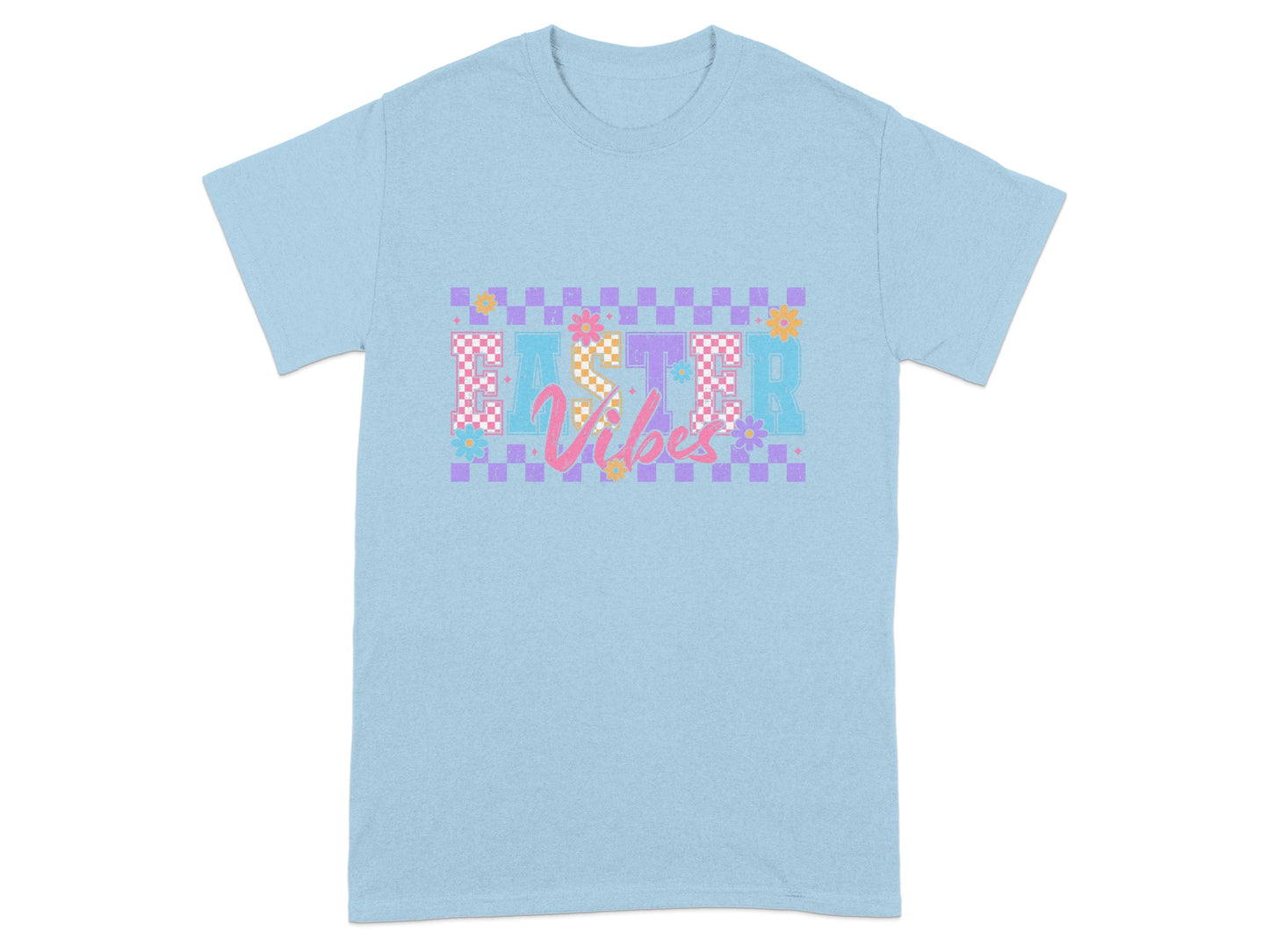 Easter Vibes Pastel Checkered Graphic Tee Shirt