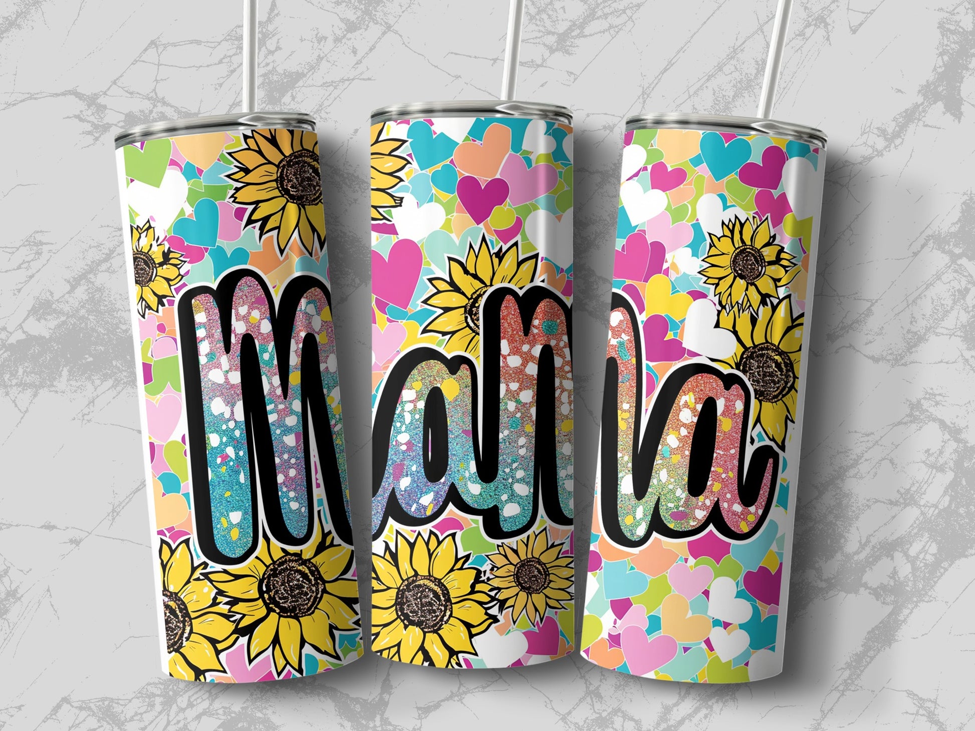 Colorful Hearts and Sunflowers Mama Design Tumbler