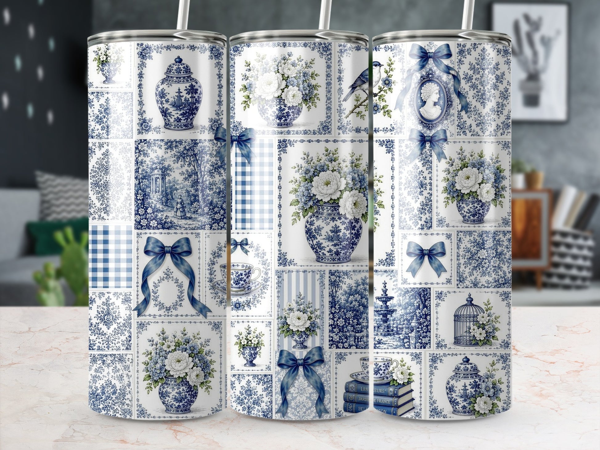 Blue and white patterned tumblers with Delftware-style illustrations.