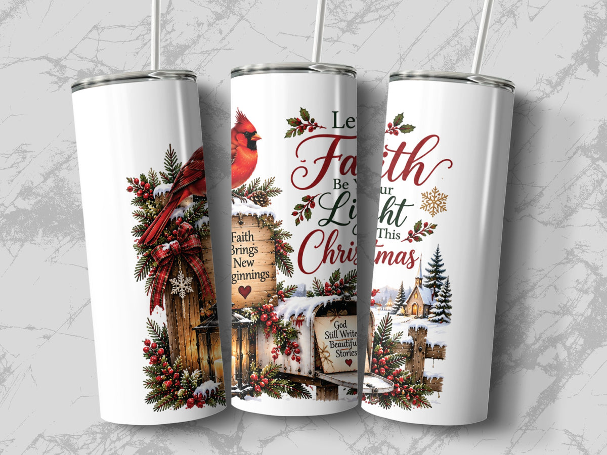Three white tumblers with straws display a winter scene featuring red cardinals, snow-covered mailboxes, and holiday text.