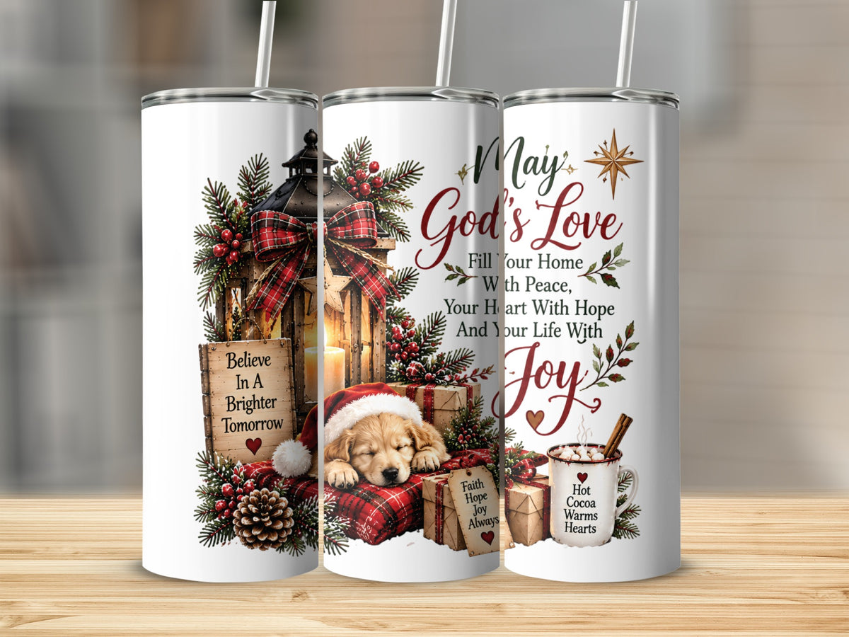 Three tall, white tumblers with straws feature a holiday-themed design of a puppy sleeping near a lit lantern.