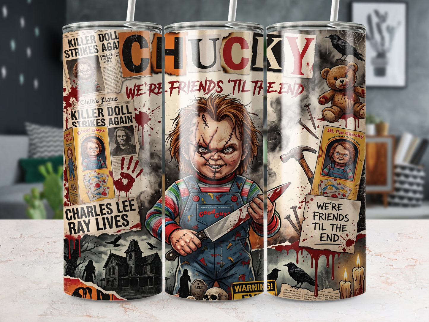Chucky doll with knife, newspaper clippings, teddy bear, and candles on a tumbler.